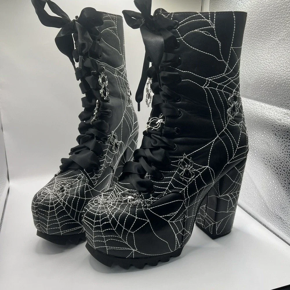 Dolls Kill Black Spiderweb Platform Lace-Up Boots